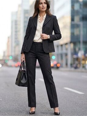 Armani Collezioni Black Virgin Wool Flat Front Pinstripe Blazer & Pants Suit S 4